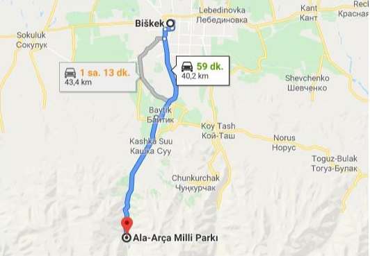 Bişkek Ala-Archa Milli Parkı Ulaşım Haritası