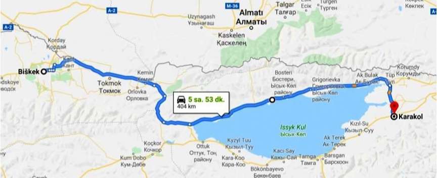Bişkek'ten Karakol'a Ulaşım Haritası